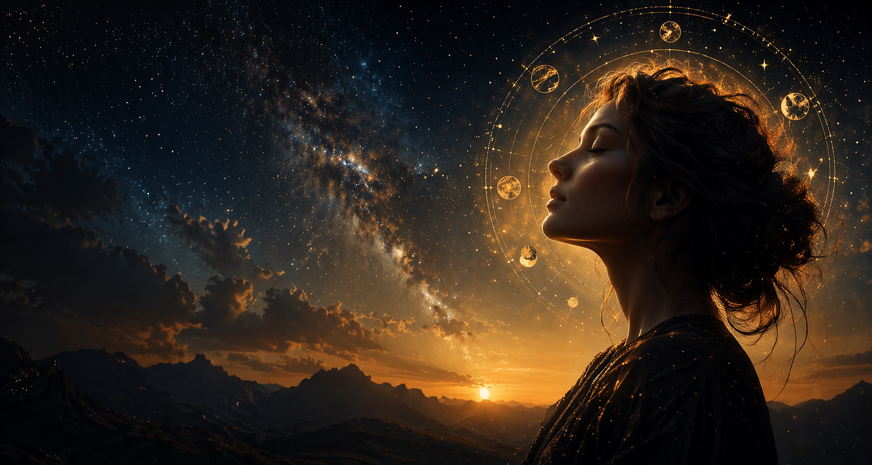 Silueta unei femei în fața cerului nocturn cu stelarium astrologic